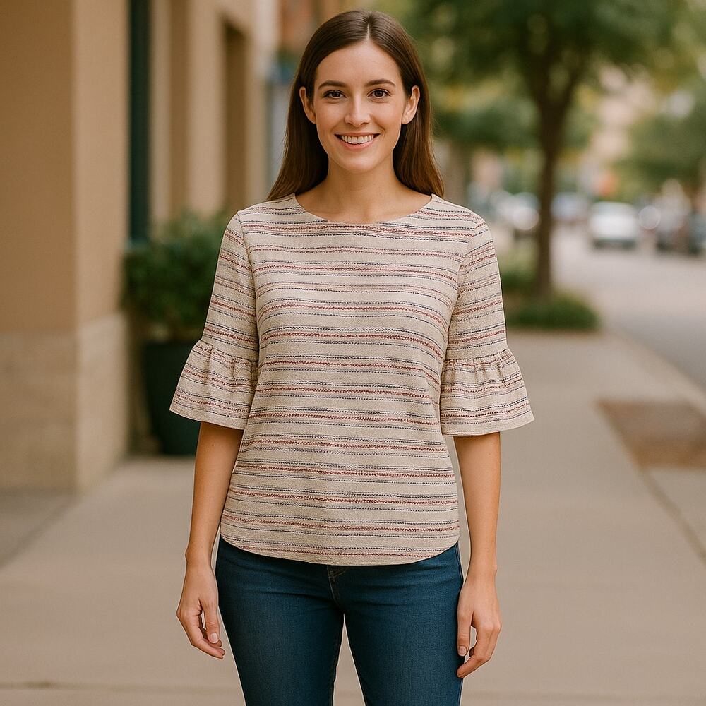 Max Studio Striped Bell Sleeve Top Cream Red Black Textured Size Medium NWT